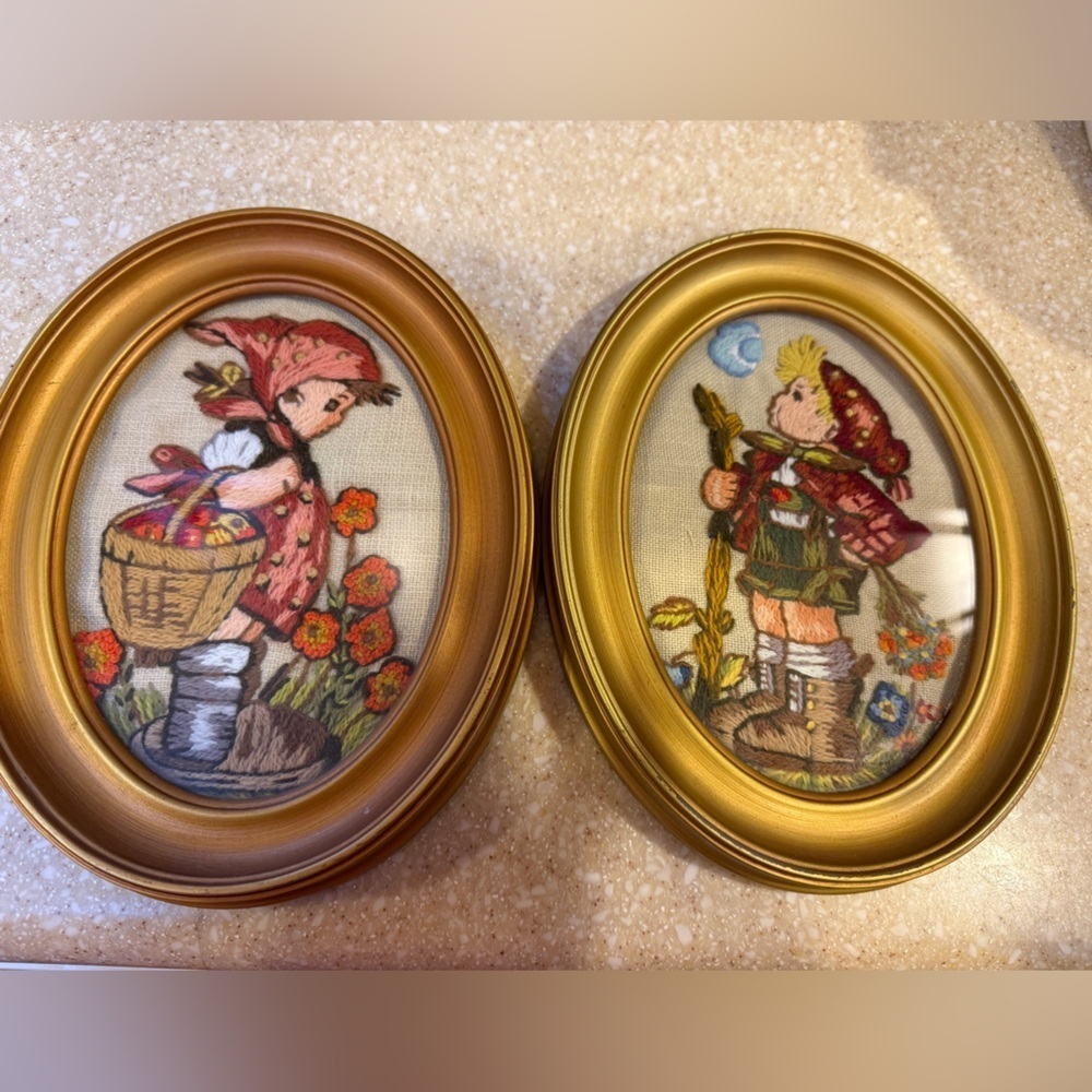 Vintage Hummel Oval Gold Framed Embroidered Art Cross Stitch Boy and Girl